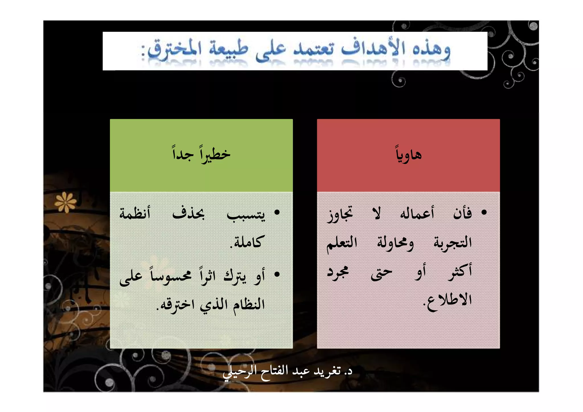 ‫ﻫ‬ًʮ‫ﺎو‬
•‫ﻓﺄن‬‫أﻋﻤﺎﻟﻪ‬‫ﻻ‬‫ﲡﺎوز‬
‫ﺑﺔ‬‫ﺮ‬‫اﻟﺘﺠ‬‫وﳏﺎوﻟﺔ‬‫اﻟﺘﻌﻠﻢ‬
‫أﻛﺜﺮ‬‫أو‬‫ﺣﱴ‬‫ﳎﺮد‬
‫اﻻﻃﻼع‬.
‫ﺧ‬ً‫ا‬‫ﺟﺪ‬ ً‫ا‬‫ﲑ‬‫ﻄ‬
•‫ﻳﺘﺴﺒﺐ‬‫ﲝﺬف‬‫أﻧﻈﻤﺔ‬
‫ﻛﺎﻣﻠﺔ‬.
•‫أو‬‫ﻳﱰك‬ً‫ا‬‫ﺮ‬‫اﺛ‬ً‫ﺎ‬‫ﳏﺴﻮﺳ‬‫ﻋﻠﻰ‬
‫اﻟﻨﻈﺎم‬‫اﻟﺬي‬‫اﺧﱰﻗﻪ‬.
‫د‬‫د‬‫د‬‫د‬....‫الرحي‬ ‫الفتاح‬ ‫عبد‬ ‫يد‬‫تغر‬‫الرحي‬ ‫الفتاح‬ ‫عبد‬ ‫يد‬‫تغر‬‫الرحي‬ ‫الفتاح‬ ‫عبد‬ ‫يد‬‫تغر‬‫الرحي‬ ‫الفتاح‬ ‫عبد‬ ‫يد‬‫تغر‬
 