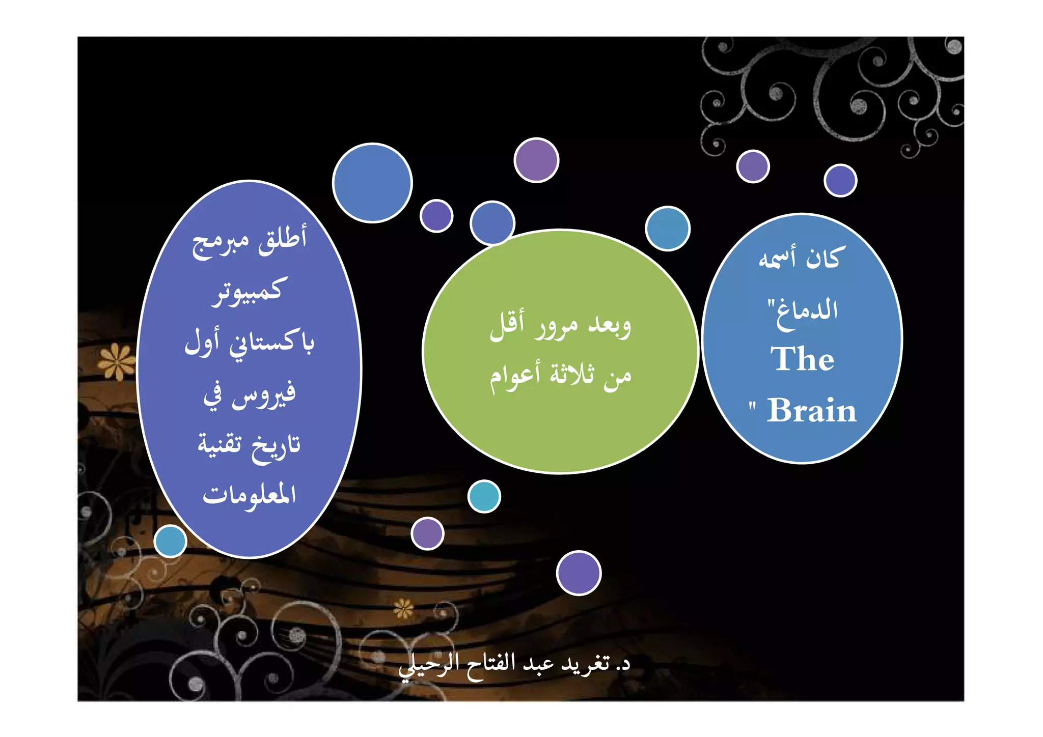 ‫أﻗﻞ‬ ‫ﻣﺮور‬ ‫وﺑﻌﺪ‬
‫أﻋﻮام‬ ‫ﺛﻼﺛﺔ‬ ‫ﻣﻦ‬
‫ﻣﱪﻣﺞ‬ ‫أﻃﻠﻖ‬
‫ﻛﻤﺒﻴﻮﺗﺮ‬
‫أول‬ ‫ﻛﺴﺘﺎﱐ‬ʪ
‫ﰲ‬ ‫ﻓﲑوس‬
‫ﺗﻘﻨﻴﺔ‬ ‫ﻳﺦ‬‫ر‬ʫ
‫اﳌﻌﻠﻮﻣﺎت‬
‫أﲰﻪ‬ ‫ﻛﺎن‬
‫اﻟﺪﻣﺎغ‬"
The
Brain"
‫د‬‫د‬‫د‬‫د‬....‫الرحي‬ ‫الفتاح‬ ‫عبد‬ ‫يد‬‫تغر‬‫الرحي‬ ‫الفتاح‬ ‫عبد‬ ‫يد‬‫تغر‬‫الرحي‬ ‫الفتاح‬ ‫عبد‬ ‫يد‬‫تغر‬‫الرحي‬ ‫الفتاح‬ ‫عبد‬ ‫يد‬‫تغر‬
 