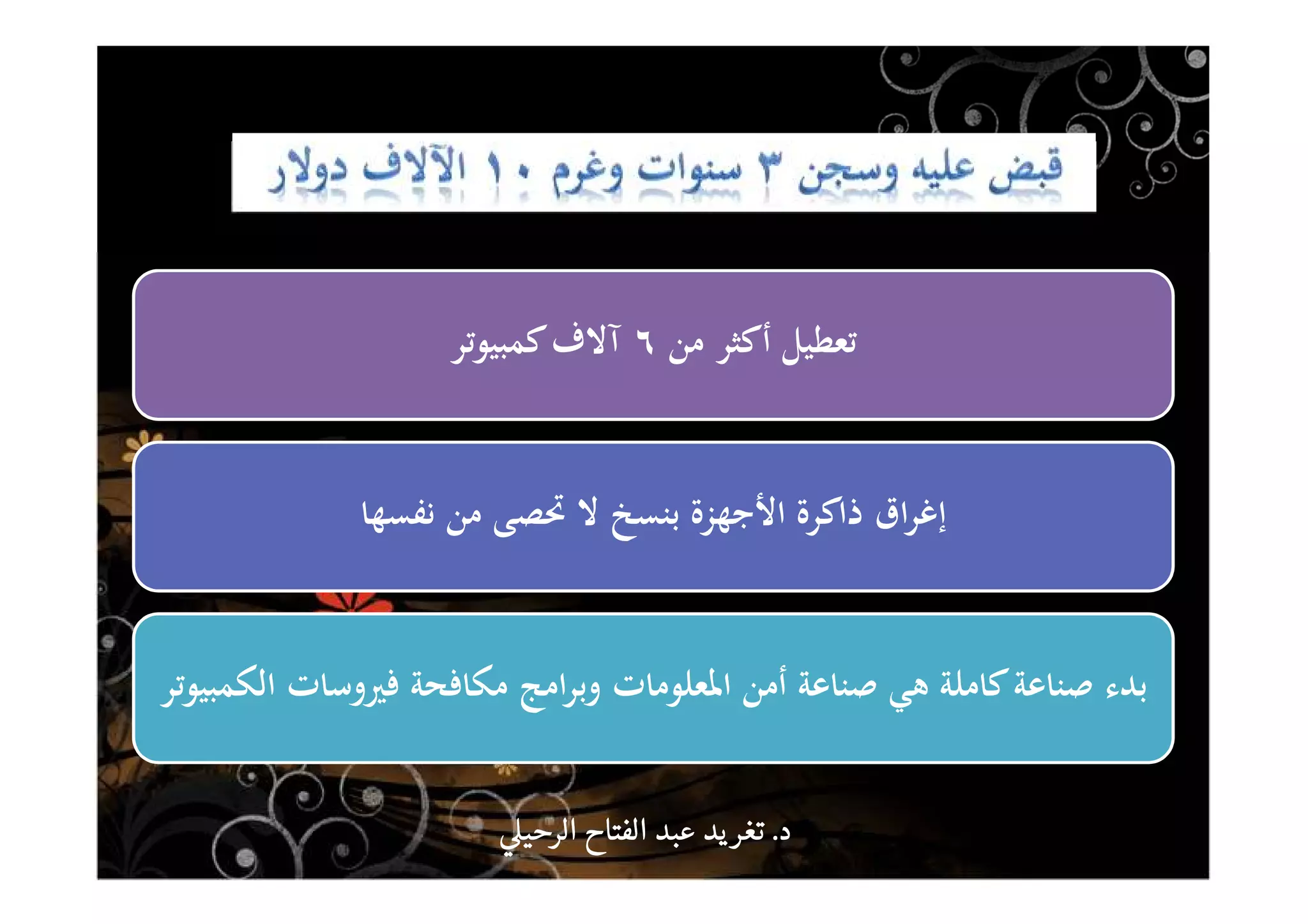 ‫ﻣﻦ‬ ‫أﻛﺜﺮ‬ ‫ﺗﻌﻄﻴﻞ‬٦‫ﻛﻤﺒﻴﻮﺗﺮ‬‫آﻻف‬
‫ﻧﻔﺴﻬﺎ‬ ‫ﻣﻦ‬ ‫ﲢﺼﻰ‬ ‫ﻻ‬ ‫ﺑﻨﺴﺦ‬ ‫اﻷﺟﻬﺰة‬ ‫ذاﻛﺮة‬ ‫اق‬‫ﺮ‬‫إﻏ‬
‫اﻟﻜﻤﺒﻴﻮﺗﺮ‬ ‫ﻓﲑوﺳﺎت‬ ‫ﻣﻜﺎﻓﺤﺔ‬ ‫اﻣﺞ‬‫ﺮ‬‫وﺑ‬ ‫اﳌﻌﻠﻮﻣﺎت‬ ‫أﻣﻦ‬ ‫ﺻﻨﺎﻋﺔ‬ ‫ﻫﻲ‬ ‫ﻛﺎﻣﻠﺔ‬‫ﺻﻨﺎﻋﺔ‬ ‫ﺑﺪء‬
‫د‬‫د‬‫د‬‫د‬....‫الرحي‬ ‫الفتاح‬ ‫عبد‬ ‫يد‬‫تغر‬‫الرحي‬ ‫الفتاح‬ ‫عبد‬ ‫يد‬‫تغر‬‫الرحي‬ ‫الفتاح‬ ‫عبد‬ ‫يد‬‫تغر‬‫الرحي‬ ‫الفتاح‬ ‫عبد‬ ‫يد‬‫تغر‬
 