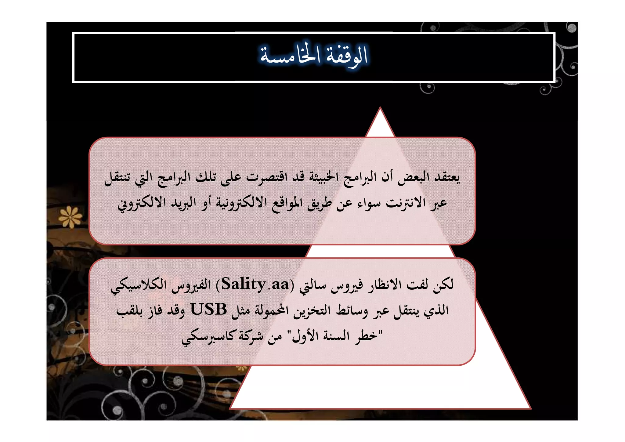 ‫ﺗﻨﺘﻘﻞ‬ ‫اﻟﱵ‬ ‫اﻣﺞ‬‫ﱪ‬‫اﻟ‬ ‫ﺗﻠﻚ‬ ‫ﻋﻠﻰ‬ ‫اﻗﺘﺼﺮت‬ ‫ﻗﺪ‬ ‫اﳋﺒﻴﺜﺔ‬ ‫اﻣﺞ‬‫ﱪ‬‫اﻟ‬ ‫أن‬ ‫اﻟﺒﻌﺾ‬ ‫ﻳﻌﺘﻘﺪ‬
‫اﻻﻟﻜﱰوﱐ‬ ‫ﻳﺪ‬‫ﱪ‬‫اﻟ‬ ‫أو‬ ‫اﻻﻟﻜﱰوﻧﻴﺔ‬ ‫اﳌﻮاﻗﻊ‬ ‫ﻳﻖ‬‫ﺮ‬‫ﻃ‬ ‫ﻋﻦ‬ ‫ﺳﻮاء‬ ‫ﻧﺖ‬‫ﱰ‬‫اﻻﻧ‬ ‫ﻋﱪ‬
‫ﺳﺎﻟﱵ‬ ‫ﻓﲑوس‬ ‫اﻻﻧﻈﺎر‬ ‫ﻟﻔﺖ‬ ‫ﻟﻜﻦ‬)Sality.aa(‫اﻟﻜﻼﺳﻴﻜﻲ‬ ‫اﻟﻔﲑوس‬
‫ﻣﺜﻞ‬ ‫اﶈﻤﻮﻟﺔ‬ ‫ﻳﻦ‬‫ﺰ‬‫اﻟﺘﺨ‬ ‫وﺳﺎﺋﻂ‬ ‫ﻋﱪ‬ ‫ﻳﻨﺘﻘﻞ‬ ‫اﻟﺬي‬USB‫ﺑﻠﻘﺐ‬ ‫ﻓﺎز‬ ‫وﻗﺪ‬
"‫اﻷول‬ ‫اﻟﺴﻨﺔ‬ ‫ﺧﻄﺮ‬"‫ﻛﺎﺳﱪﺳﻜﻲ‬‫ﻛﺔ‬‫ﺷﺮ‬ ‫ﻣﻦ‬
^ ^^ ^
 