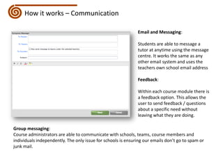 How it works – CommunicationEmail and Messaging: Students are able to message a tutor at anytime using the message centre. It works the same as any other email system and uses the teachers own school email addressFeedback:Within each course module there is a feedback option. This allows the user to send feedback / questions about a specific need without leaving what they are doing.Group messaging: Course administrators are able to communicate with schools, teams, course members and individuals independently. The only issue for schools is ensuring our emails don’t go to spam or junk mail.