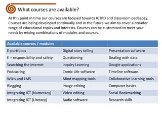 What courses are available?At this point in time our courses are focused towards ICTPD and classroom pedagogy. Courses are being developed continually and in the future we aim to cover a broader range of educational topics and interests. Courses can be customised to meet your needs by mixing combinations of modules and courses.