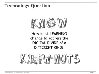 Technology Question




                                                 How must LEARNING
                                                change to address the
                                                 DIGITAL DIVIDE of a
                                                  DIFFERENT KIND?




Learning in the Era of the Instant Enterprise                           Slide 13
 