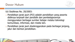 Dasar Hukum
UU Sisdiknas No. 20/2003:
¨ Pendidikan jarak jauh (PJJ) adalah pendidikan yang peserta
didiknya terpisah dari pendidik dan pembelajarannya
menggunakan berbagai sumber belajar melalui teknologi
komunikasi, informasi, dan media lain.
¨ Pendidikan jarak jauh diselenggarakan pada berbagai jenjang,
jalur dan bentuk pendidikan.
 