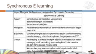 Synchronous E-learning
Kapan, Mengapa, dan Bagaimana menggunakan Synchronous E-Learning
Synchronous E-Learning
Kapan? Mendiskusikan permasalahan yg sederhana
Berkenalan dengan peserta baru
Merencanakan pekerjaan
Mengapa? Peserta menjadi komitmen dan termotivasi karena mendapat respon
yang cepat.
Bagaimana? Gunakan perangkat/aplikasi synchronous seperti videoconferencing,
instant messaging, chat, dan komplemen dengan pertemuan F2F.
Contoh Peserta yang akan kerja kelompok disarankan menggunakan instant
messaging untuk mendukung upaya saling kenal, tukar menukar
ide, dan merencanakan rencana kerja.
Nara sumber yang akan menyajikan materi dapat melalui kuliah
online menggunakan videoconference.
 