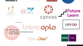 • 2011-2015 (Avances):
• ya el 96% de las universidades ofrecen
cursos a distancia.
Esta foto de Autor desconocido está bajo licencia CC BY-NC
 