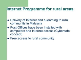 Growth of ICT in MalaysiaExpected Growth Rate from 2005 to 2009: 15.6% System Integration (SI): 40%Support & Training: 32.3%Outsourcing: 27.7%Source: IDC (2005)SMBs in Malaysia spent about $4.6 Billion on ICT in 2008.AMI-PartnersIT spending grew at 7% (US$5,704.6 million) in 2008, compared to a 10.6% growth in 2007IDC's November 2007 Worldwide Black Book