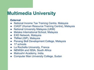 E-Learning Initiatives in HEAlmost all public and private universities have e-learning platformMany have setup e-learning units, committees and policies.Usage varies from 20% - 90% Many seminars, conferences and workshops have been organised.Many research initiatives on e-learning