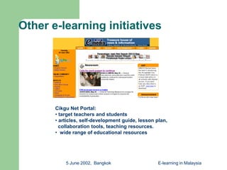 E-learning in MalaysiaE-learning Initiatives: First Virtual UniversityUniversiti Tun Abdul Razak(http://www.unitar.edu.my) Established in 1999
