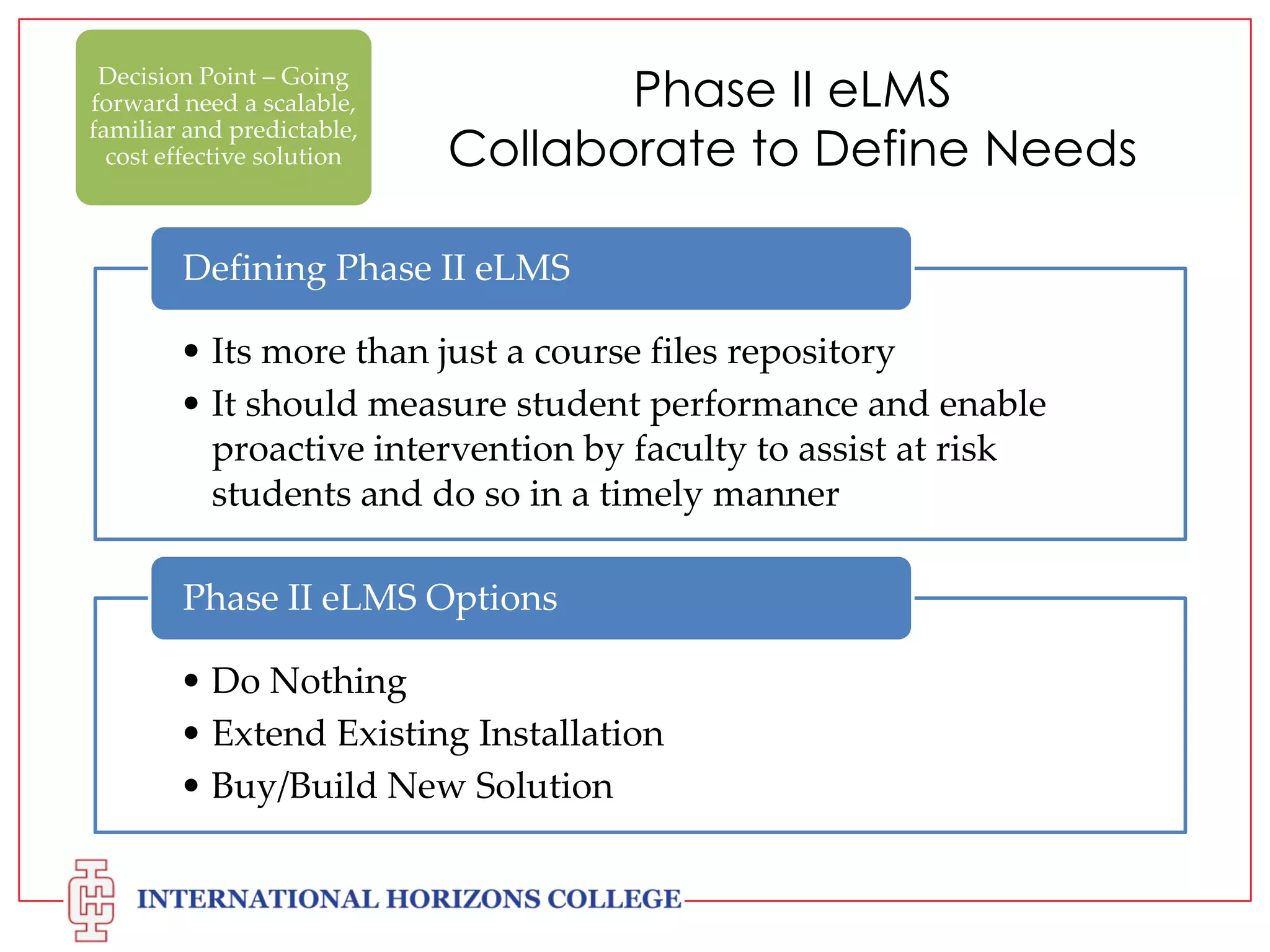 Decision Point – Going
forward need a scalable,
familiar and predictable,
cost effective solution

Phase II eLMS
Collaborate to Define Needs

Defining Phase II eLMS
• Its more than just a course files repository
• It should measure student performance and enable
proactive intervention by faculty to assist at risk
students and do so in a timely manner
Phase II eLMS Options
• Do Nothing
• Extend Existing Installation
• Buy/Build New Solution

 