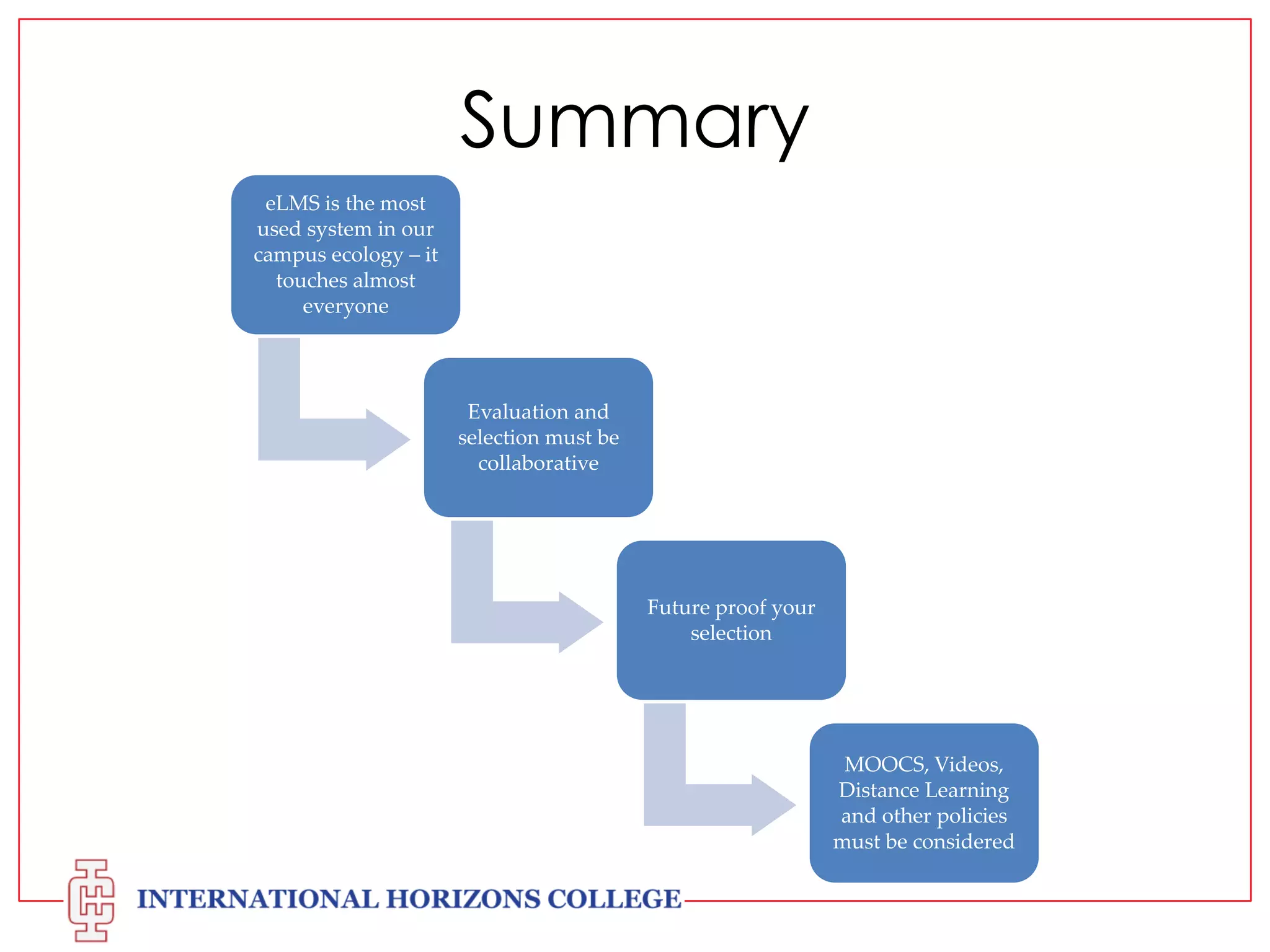 Summary
eLMS is the most used system in our campus
ecology – it touches almost everyone

Evaluation and selection must be
collaborative

Future proof your selection

MOOCS, Videos, Distance Learning and
other policies must be considered

 