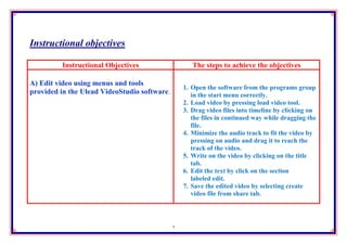 Instructional objectives

         Instructional Objectives                    The steps to achieve the objectives

A) Edit video using menus and tools
                                                  1. Open the software from the programs group
provided in the Ulead VideoStudio software.          in the start menu correctly.
                                                  2. Load video by pressing load video tool.
                                                  3. Drag video files into timeline by clicking on
                                                     the files in continued way while dragging the
                                                     file.
                                                  4. Minimize the audio track to fit the video by
                                                     pressing on audio and drag it to reach the
                                                     track of the video.
                                                  5. Write on the video by clicking on the title
                                                     tab.
                                                  6. Edit the text by click on the section
                                                     labeled edit.
                                                  7. Save the edited video by selecting create
                                                     video file from share tab.




                                              3
 