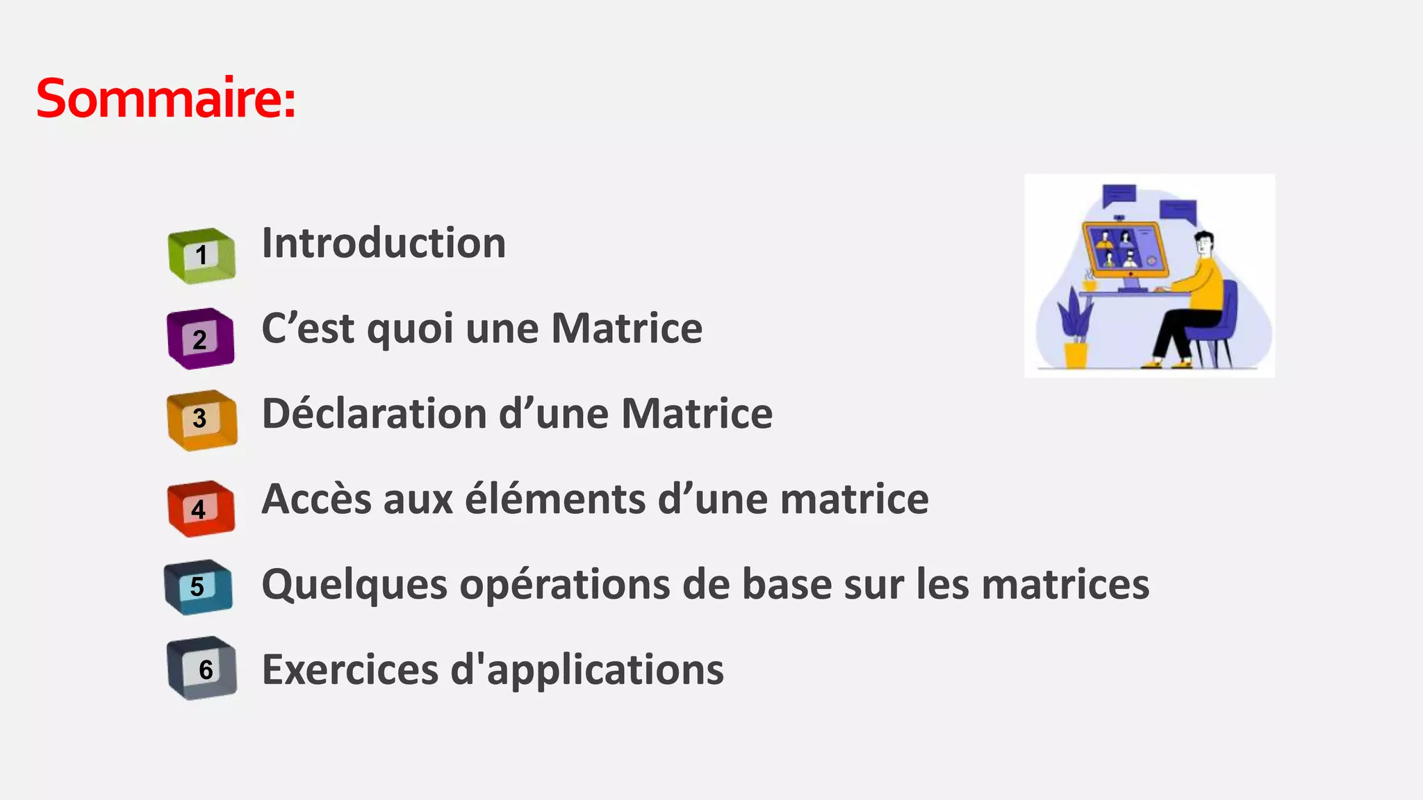 Introduction
C’est quoi une Matrice
Déclaration d’une Matrice
Accès aux éléments d’une matrice
Quelques opérations de base sur les matrices
Exercices d'applications
Sommaire:
1
2
3
4
5
6
 