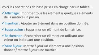 Voici les opérations de base prises en charge par un tableau.
Affichage: Imprimer tous les éléments/ quelques éléments
de la matrice un par un.
Insertion : Ajouter un élément dans un position donnée.
Suppression : Supprimer un élément de la matrice.
Rechercher : Rechercher un élément en utilisant une
valeur ou indiquant une position.
Mise à jour: Mettre à jour un élément à une position
donnée/ mettre à jour une matrice.
 
