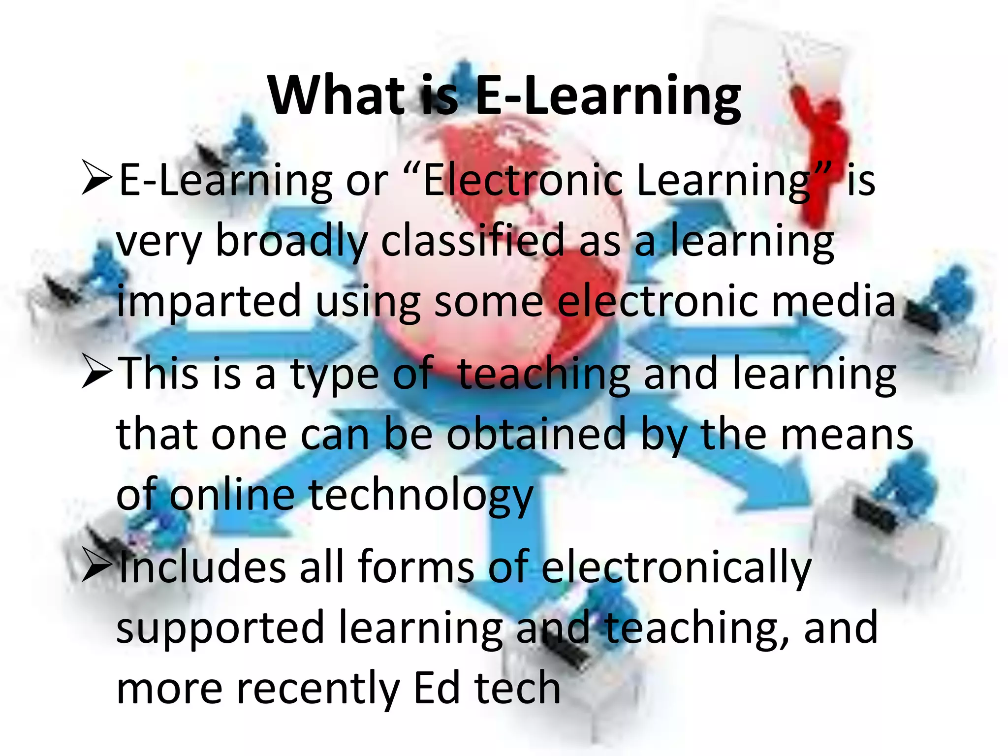 What is E-Learning
E-Learning or “Electronic Learning” is
very broadly classified as a learning
imparted using some electronic media
This is a type of teaching and learning
that one can be obtained by the means
of online technology
Includes all forms of electronically
supported learning and teaching, and
more recently Ed tech
 