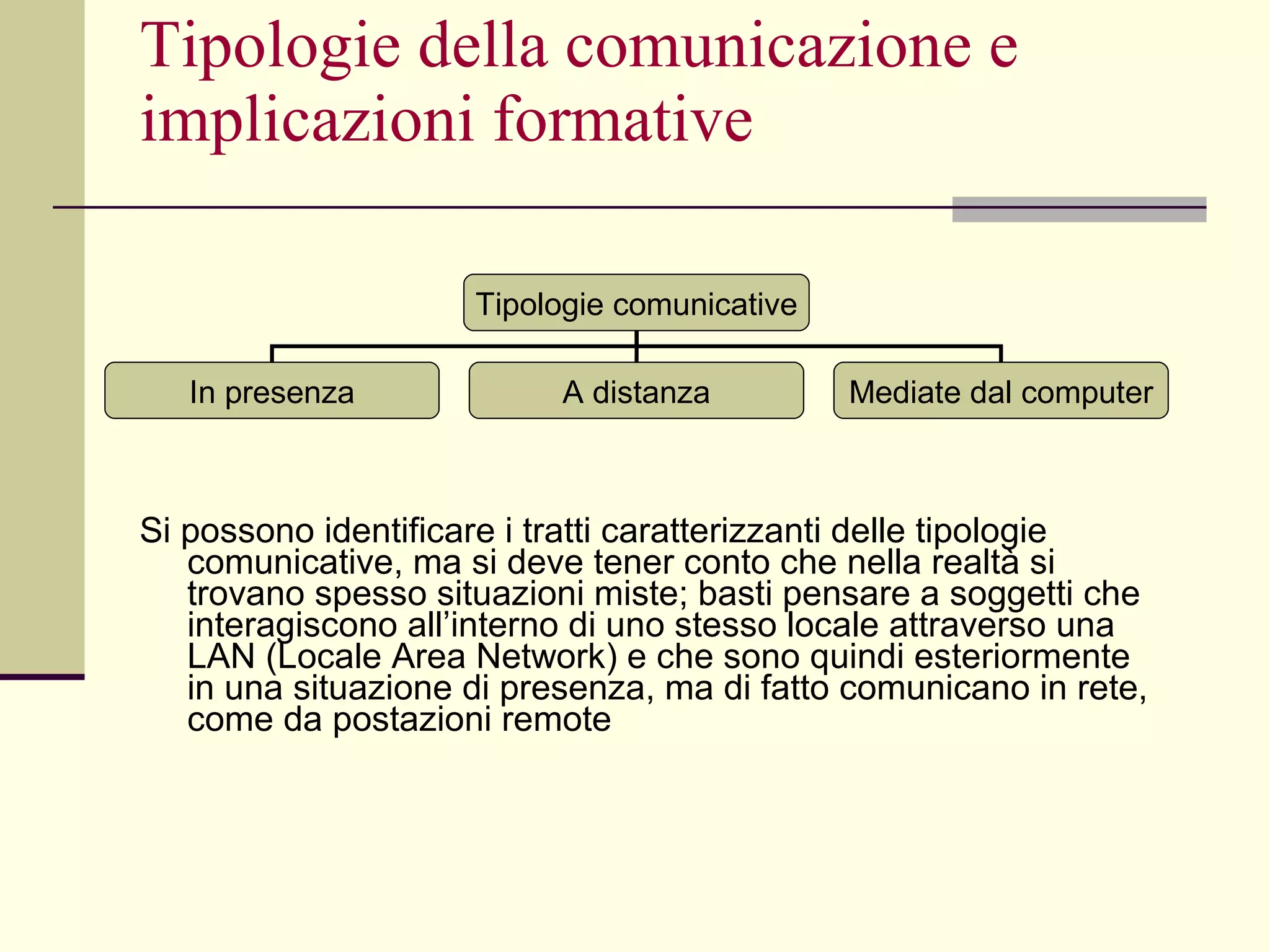 Tipologie della comunicazione e implicazioni formative Si possono identificare i tratti caratterizzanti delle tipologie comunicative, ma si deve tener conto che nella realtà si trovano spesso situazioni miste; basti pensare a soggetti che interagiscono all’interno di uno stesso locale attraverso una LAN (Locale Area Network) e che sono quindi esteriormente in una situazione di presenza, ma di fatto comunicano in rete, come da postazioni remote Tipologie comunicative In presenza A distanza Mediate dal computer 