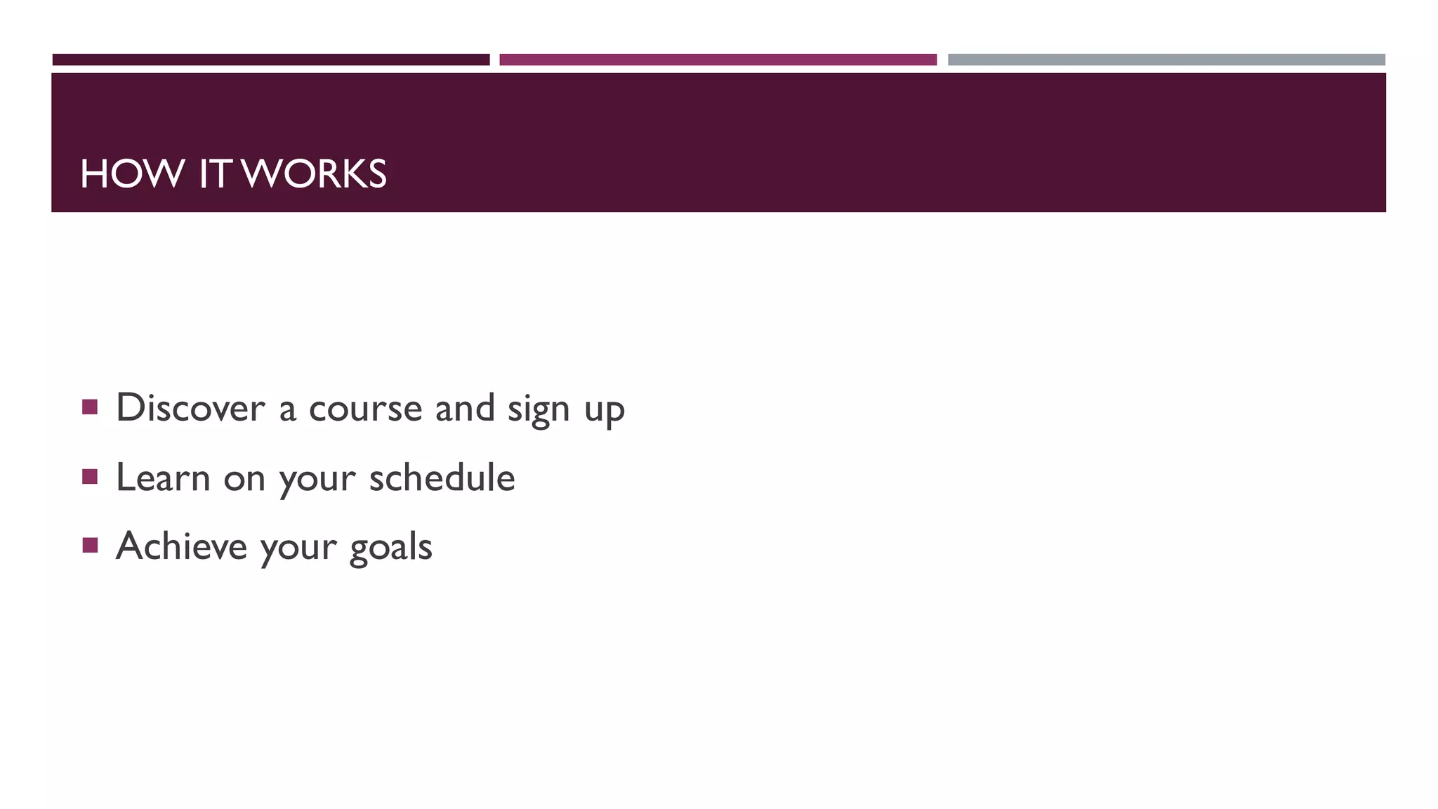 HOW IT WORKS
 Discover a course and sign up
 Learn on your schedule
 Achieve your goals
 