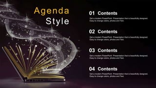 Agenda
Style
Get a modern PowerPoint Presentation that is beautifully designed.
Easy to change colors, photos and Text.
Contents
02
Get a modern PowerPoint Presentation that is beautifully designed.
Easy to change colors, photos and Text.
Contents
03
Get a modern PowerPoint Presentation that is beautifully designed.
Easy to change colors, photos and Text.
Contents
04
Get a modern PowerPoint Presentation that is beautifully designed.
Easy to change colors, photos and Text.
Contents
01
 