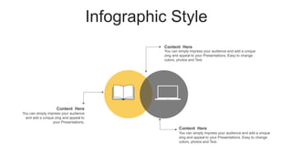 Infographic Style
Content Here
You can simply impress your audience and add a unique
zing and appeal to your Presentations. Easy to change
colors, photos and Text.
Content Here
You can simply impress your audience and add a unique
zing and appeal to your Presentations. Easy to change
colors, photos and Text.
Content Here
You can simply impress your audience
and add a unique zing and appeal to
your Presentations.
 