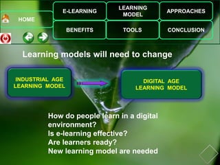 E-LEARNING
BENEFITS
LEARNING
MODEL
TOOLS
APPROACHES
CONCLUSION
HOME
Learning models will need to change
INDUSTRIAL AGE
LEARNING MODEL
DIGITAL AGE
LEARNING MODEL
How do people learn in a digital
environment?
Is e-learning effective?
Are learners ready?
New learning model are needed
 
