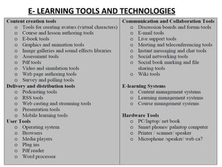 E- LEARNING TOOLS AND TECHNOLOGIES
 