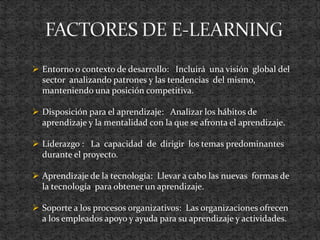  Entorno o contexto de desarrollo: Incluirá una visión global del
sector analizando patrones y las tendencias del mismo,
manteniendo una posición competitiva.
 Disposición para el aprendizaje: Analizar los hábitos de
aprendizaje y la mentalidad con la que se afronta el aprendizaje.
 Liderazgo : La capacidad de dirigir los temas predominantes
durante el proyecto.
 Aprendizaje de la tecnología: Llevar a cabo las nuevas formas de
la tecnología para obtener un aprendizaje.
 Soporte a los procesos organizativos: Las organizaciones ofrecen
a los empleados apoyo y ayuda para su aprendizaje y actividades.
 
