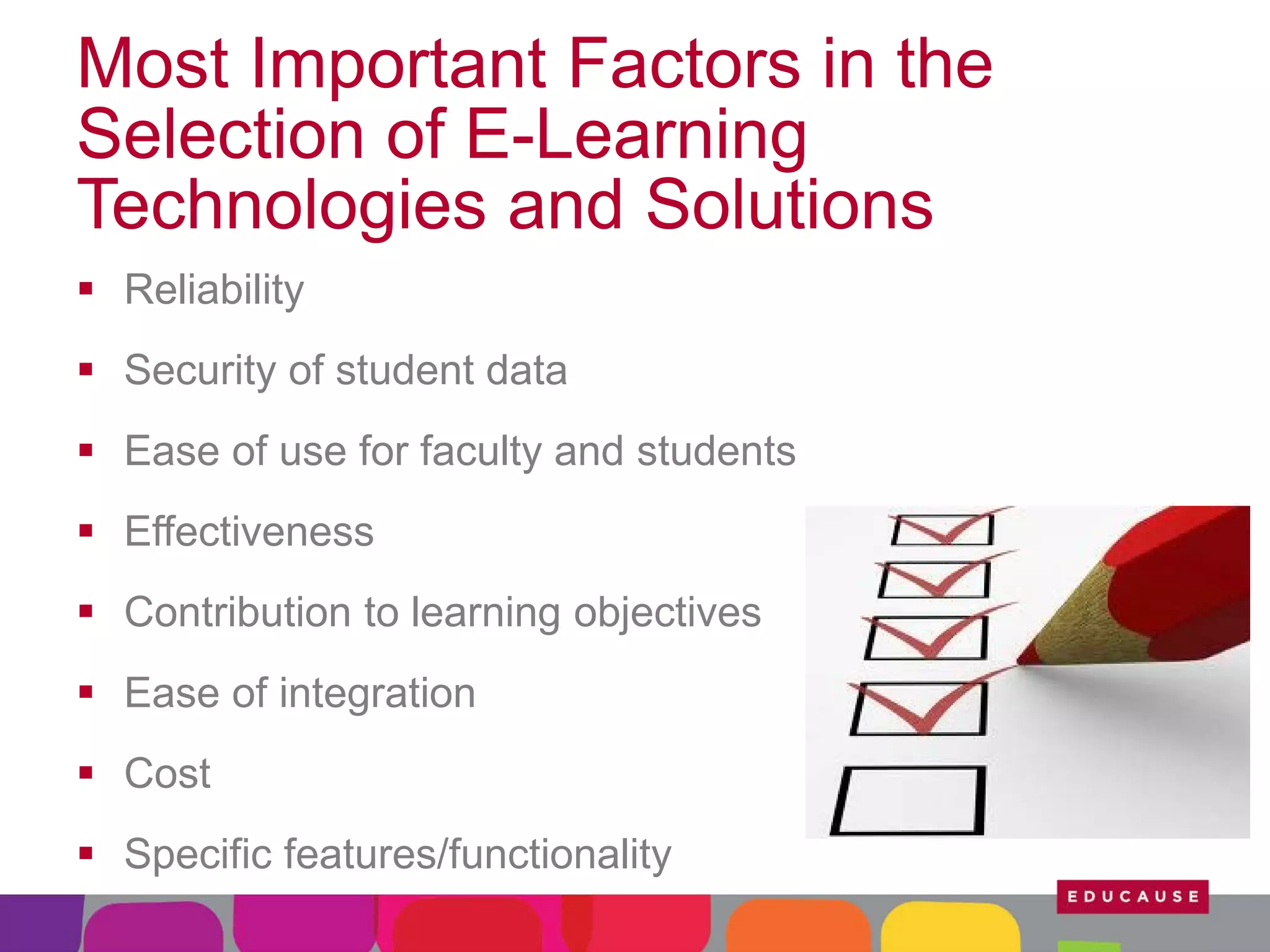 Most Important Factors in the
Selection of E-Learning
Technologies and Solutions
 Reliability
 Security of student data
 Ease of use for faculty and students
 Effectiveness
 Contribution to learning objectives
 Ease of integration
 Cost
 Specific features/functionality

 