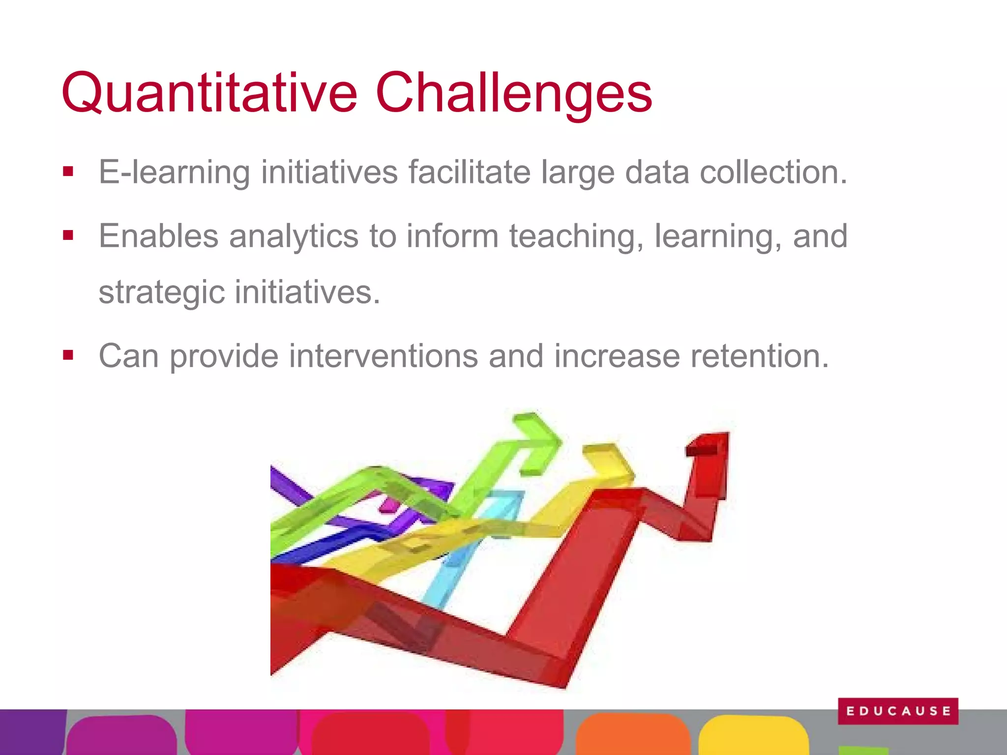 Quantitative Challenges
 E-learning initiatives facilitate large data collection.
 Enables analytics to inform teaching, learning, and
strategic initiatives.
 Can provide interventions and increase retention.

 