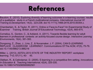 References 
Baudoin, E. (2010). Exploring diversity of learning outcomes in e-learning courses: results 
of a qualitative study in a French multinational company. International Journal Of 
Training & Development, 14(3), 223-238. doi:10.1111/j.1468-2419.2010.00354.x. 
Chamberlain, S., & Taylor, R. (2011). Online or Face-to-Face? An Experimental Study of 
Examiner Training. British Journal Of Educational Technology, 42(4), 665-675. 
Cornelius, S., Gordon, C., & Ackland, A. (2011). Towards flexible learning for adult 
learners in professional contexts: an activity-focused course design. Interactive Learning 
Environments, 19(4), 381-393. 
Dongsong, Z., Zhao, J., Lina, Z., & Nunamaker, J. F. (2004). CAN E-LEARNING 
REPLACE CLASSROOM LEARNING?. Communications Of The ACM, 47(5), 75-79. 
doi:10.1145/986213.986216 
Miller, L. (2013). ASTD's 2013 STATE OF THE INDUSTRY REPORT: workplace 
learning. T+D, 67(11), 40- 45. 
Olafsen, R., & Cetindamar, D. (2005). E-learning in a competitive firm setting. Innovations 
In Education & Teaching International, 42(4), 325-335. 
doi:10.1080/14703290500062581 
 