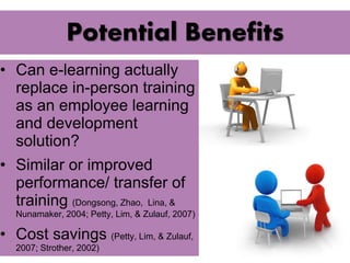 Potential Benefits 
• Can e-learning actually 
replace in-person training 
as an employee learning 
and development 
solution? 
• Similar or improved 
performance/ transfer of 
training (Dongsong, Zhao, Lina, & 
Nunamaker, 2004; Petty, Lim, & Zulauf, 2007) 
• Cost savings (Petty, Lim, & Zulauf, 
2007; Strother, 2002) 
 