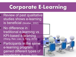 Corporate E-Learning 
• Review of past qualitative 
studies shows e-learning 
is beneficial (Strother, 2002) 
• No difference in 
traditional e-learning vs 
KPI-based e-learning 
(Wang, Ran, Liao, & Yang, 2010) 
• Participants in the same 
e-learning program 
gained different types of 
knowledge (Baudoin, 2010) 
 