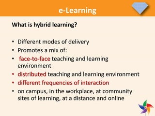 e-Learning
What is hybrid learning?
• Different modes of delivery
• Promotes a mix of:
• face-to-face teaching and learning
environment
• distributed teaching and learning environment
• different frequencies of interaction
• on campus, in the workplace, at community
sites of learning, at a distance and online
 