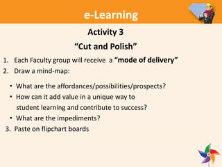 e-Learning
Activity 3
“Cut and Polish”
1. Each Faculty group will receive a “mode of delivery”
2. Draw a mind-map:
• What are the affordances/possibilities/prospects?
• How can it add value in a unique way to
student learning and contribute to success?
• What are the impediments?
3. Paste on flipchart boards
 
