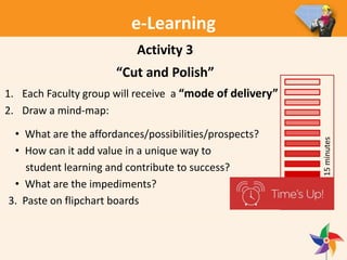 e-Learning
Activity 3
“Cut and Polish”
15minutes
1. Each Faculty group will receive a “mode of delivery”
2. Draw a mind-map:
• What are the affordances/possibilities/prospects?
• How can it add value in a unique way to
student learning and contribute to success?
• What are the impediments?
3. Paste on flipchart boards
 