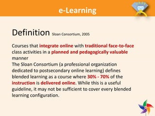 e-Learning
Definition Sloan Consortium, 2005
Courses that integrate online with traditional face‐to‐face
class activities in a planned and pedagogically valuable
manner
The Sloan Consortium (a professional organization
dedicated to postsecondary online learning) defines
blended learning as a course where 30% - 70% of the
instruction is delivered online. While this is a useful
guideline, it may not be sufficient to cover every blended
learning configuration.
 