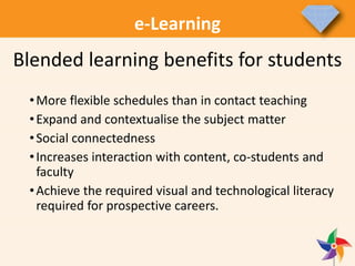 e-Learning
•More flexible schedules than in contact teaching
•Expand and contextualise the subject matter
•Social connectedness
•Increases interaction with content, co-students and
faculty
•Achieve the required visual and technological literacy
required for prospective careers.
Blended learning benefits for students
 