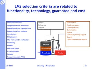 Technology capability must be assessed before installing any e-learning systemIs there a defined strategy for the training portal?Does the organization have a LMS?Has everyone Internet access?Are there the right skills to install and deploy an e-learning system?Are the IT and training departments aligned?Are the different corporate areas coordinated?e-learning | Presentation19