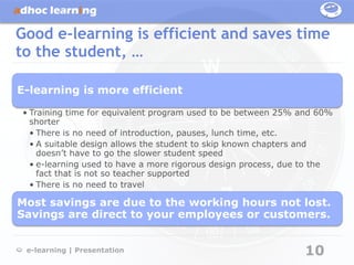 Good e-learning is efficient and saves time
to the student, …

E-learning is more efficient

• Training time for equivalent program used to be between 25% and 60%
  shorter
  • There is no need of introduction, pauses, lunch time, etc.
  • A suitable design allows the student to skip known chapters and
    doesn’t have to go the slower student speed
  • e-learning used to have a more rigorous design process, due to the
    fact that is not so teacher supported
  • There is no need to travel

Most savings are due to the working hours not lost.
Savings are direct to your employees or customers.


 e-learning | Presentation                                     10
 