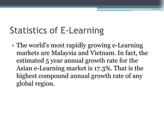 Statistics of E-Learning 
• The world's most rapidly growing e-Learning 
markets are Malaysia and Vietnam. In fact, the 
estimated 5 year annual growth rate for the 
Asian e-Learning market is 17.3%. That is the 
highest compound annual growth rate of any 
global region. 
 