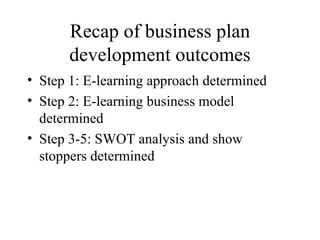 Recap of business plan development outcomes Step 1: E-learning approach determined Step 2: E-learning business model determined Step 3-5: SWOT analysis and show stoppers determined 