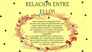 RELACIÓN ENTRE
ELLOS
Este conjunto de especificaciones
permite que todos los profesionales que
crean contenidos sigan las mismas
normas para producir y empaquetar
sus contenidos, de manera que puedan
reproducirse en cualquier LMS
compatible.
Las siglas SCORM hacen referencia a
estándares de e-learning que permiten
que un determinado recurso pueda ser
visualizado y funcionar correctamente
en cualquier LMS.
 