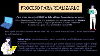 PROCESO PARA REALIZARLO
Para crear paquetes SCORM se debe utilizar herramientas de autor.
Estas herramientas facilitan el trabajo para producir contenidos en SCORM
de forma accesible para cualquier profesional. Existen diferentes
herramientas para crear contenidos en SCORM.
Reload editor permite construir y editar contenidos en SCORM desde cero o desde
plantillas.
• Se trata de una herramienta sencilla que podrás utilizar con facilidad al poco tiempo
de conocerla, pero que requiere un cierto periodo de formación y adaptación a su uso.
• Con Reload editor se pueden crear contenidos básicos, así como añadir algunas
funcionalidades algo más complejas con el uso algo más avanzado de esta herramienta.
Para poder crearlos se utilizan HERRAMIENTAS DE AUTOR A continuación 3 de las herramientas
de autor gratuitas.
 