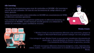eXe Learning:
• De entre las herramientas para crear de contenidos en SCORM, eXe Learning es
una de las más utilizadas. Se trata de una herramienta de código abierto y, por
tanto, gratuita.
• Esta herramienta para crear contenidos en SCORM sin conocimientos de HTML
en diferentes sistemas operativos.
• La creación de contenidos y posterior publicación en diferentes formatos, no
únicamente en SCORM, resulta bastante sencilla gracias a la utilización de
árboles de contenidos y gran cantidad de recursos.
Wimba Create:
• Wimba Create es una herramienta diferente a las anteriores, porque se
integra en Microsoft Word (solo permite trabajar con este programa).
• La ventaja de usar Wimba Create es que permite transformar documentos de
word (.doc o .docx) fácilmente en Scorm o Html (formato web).
• La instalación de Wimba Create es gratuita y sencilla.
• Permite incorporar diferentes elementos (imágenes, texto, hipervínculos,
vídeos, audios,…) pero ofrece limitaciones en el diseño (las propias de Microsoft
Word).
 