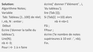 Solution:
Algorithme Notes;
Variable
Tab: Tableau [1..100] de réel;
i ,nb, N : entier ;
Début
Ecrire (‘donner la taille du
tableau’);
Lire(N);
nb ← 0;
Pour i ← 1 à n faire
écrire(‘ donner l’’élément’ , i,
’du tableau’);
lire (Tab [i]);
Si (Tab[i] >=10) alors
nb ←nb+1
FSi ;
FPour ;
écrire ('le nombre de notes
supérieures à 10 est : ', nb);
Fin.
 