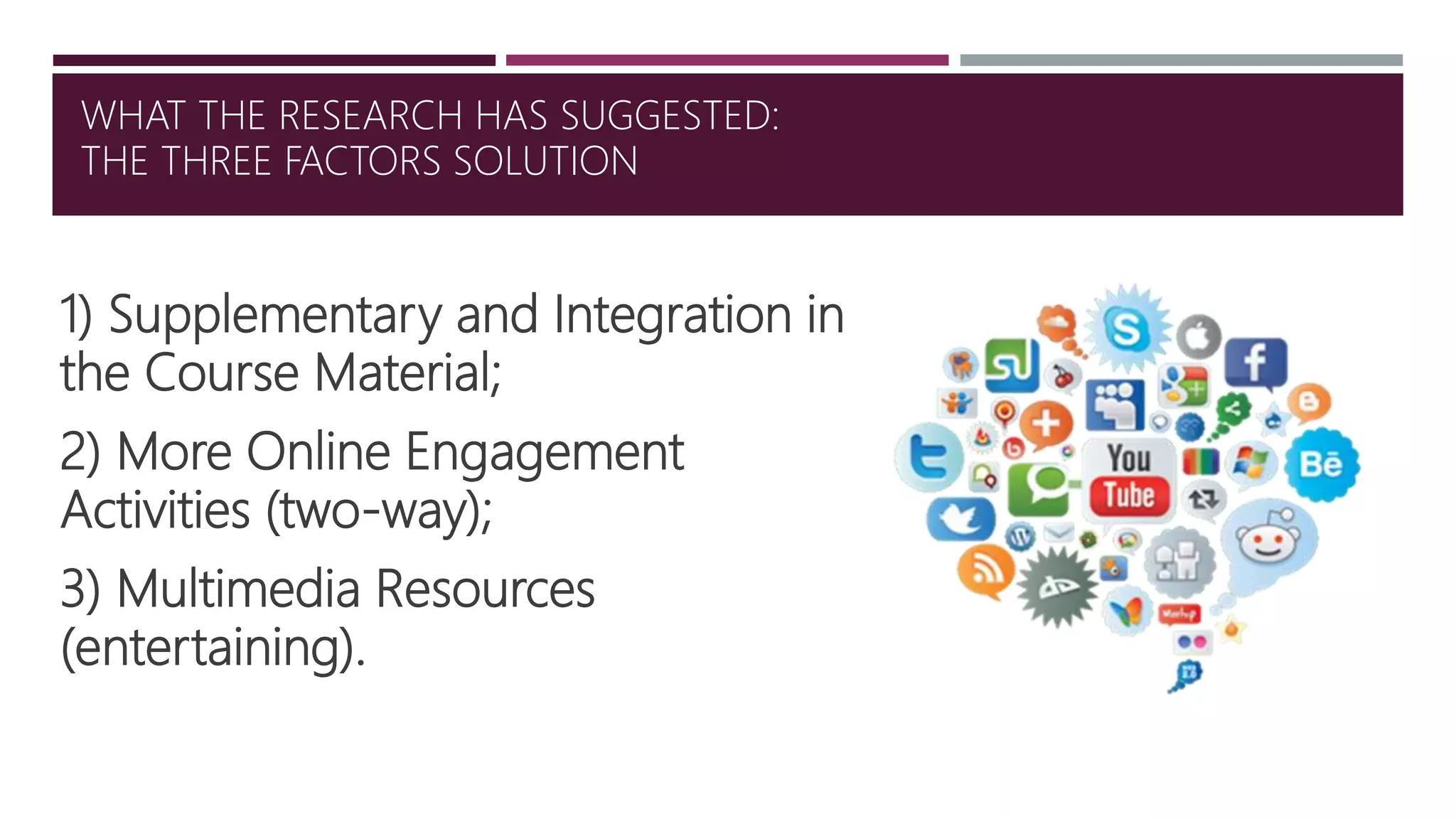 WHAT THE RESEARCH HAS SUGGESTED:
THE THREE FACTORS SOLUTION
1) Supplementary and Integration in
the Course Material;
2) More Online Engagement
Activities (two-way);
3) Multimedia Resources
(entertaining).
 