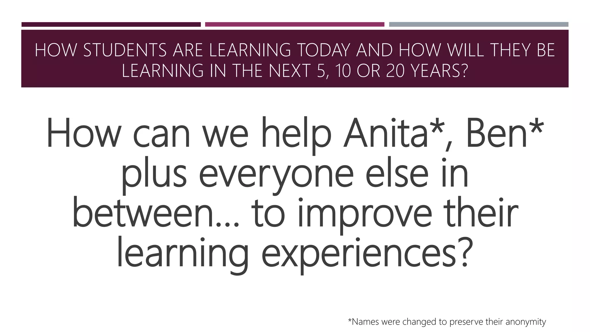 HOW STUDENTS ARE LEARNING TODAY AND HOW WILL THEY BE
LEARNING IN THE NEXT 5, 10 OR 20 YEARS?
How can we help Anita*, Ben*
plus everyone else in
between… to improve their
learning experiences?
*Names were changed to preserve their anonymity
 