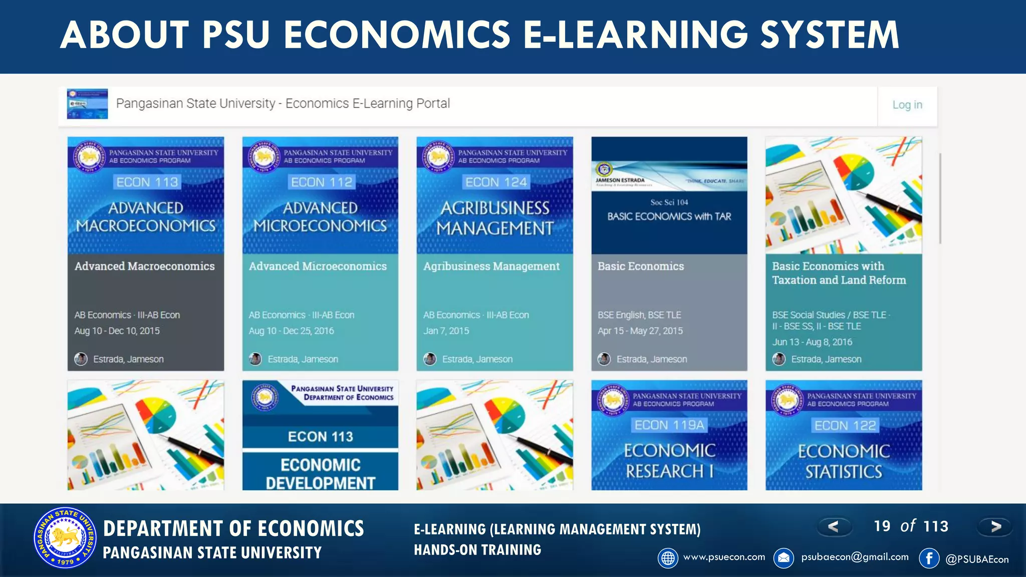 19 of 113DEPARTMENT OF ECONOMICS
PANGASINAN STATE UNIVERSITY
E-LEARNING (LEARNING MANAGEMENT SYSTEM)
HANDS-ON TRAINING
ABOUT PSU ECONOMICS E-LEARNING SYSTEM
 