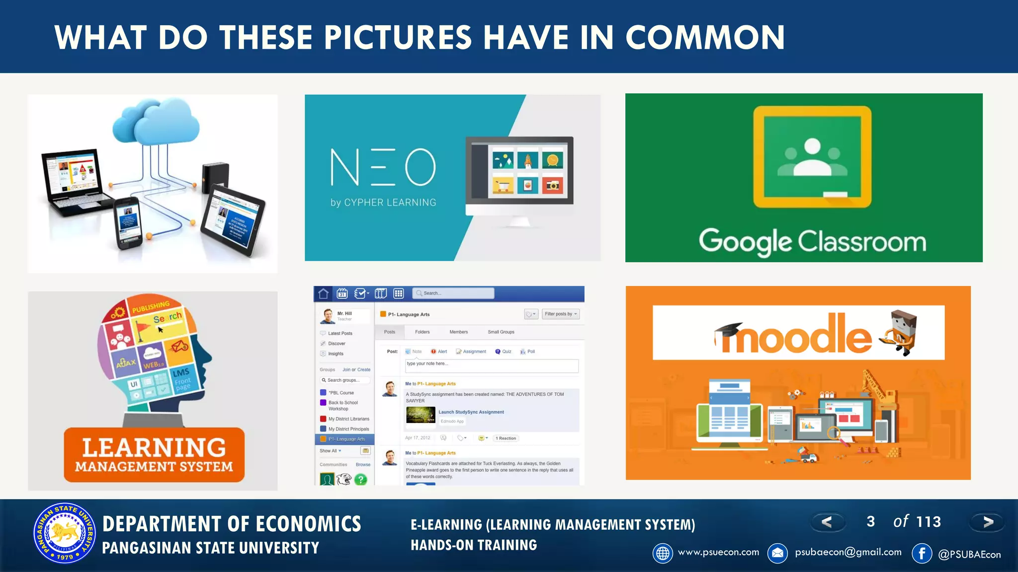 3 of 113DEPARTMENT OF ECONOMICS
PANGASINAN STATE UNIVERSITY
E-LEARNING (LEARNING MANAGEMENT SYSTEM)
HANDS-ON TRAINING
WHAT DO THESE PICTURES HAVE IN COMMON
 