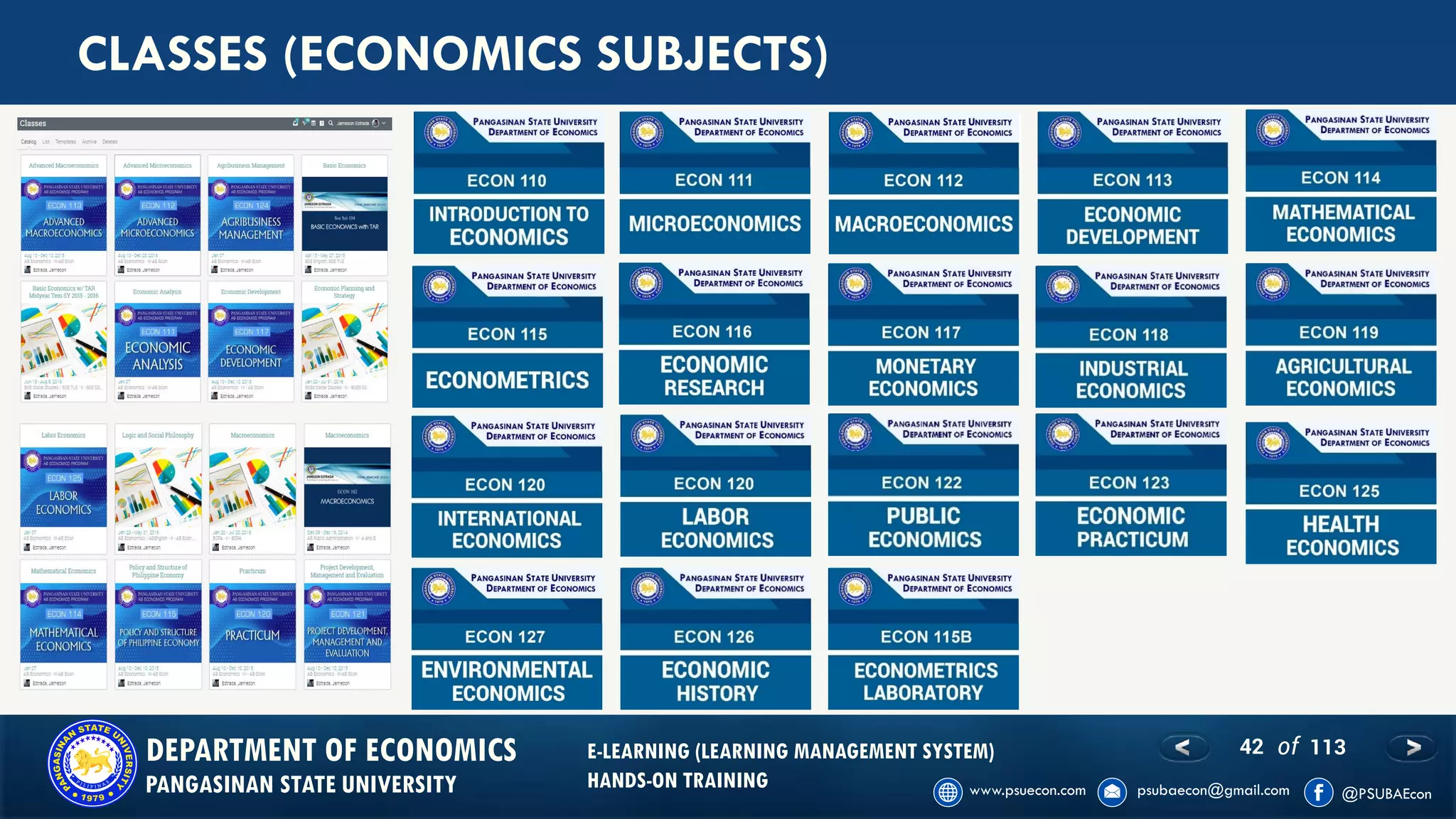 42 of 113DEPARTMENT OF ECONOMICS
PANGASINAN STATE UNIVERSITY
E-LEARNING (LEARNING MANAGEMENT SYSTEM)
HANDS-ON TRAINING
CLASSES (ECONOMICS SUBJECTS)
 