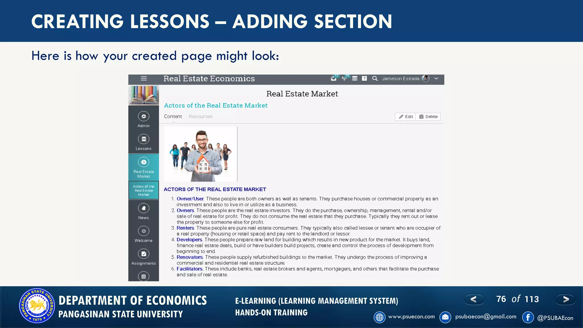 76 of 113DEPARTMENT OF ECONOMICS
PANGASINAN STATE UNIVERSITY
E-LEARNING (LEARNING MANAGEMENT SYSTEM)
HANDS-ON TRAINING
CREATING LESSONS – ADDING SECTION
Here is how your created page might look:
 